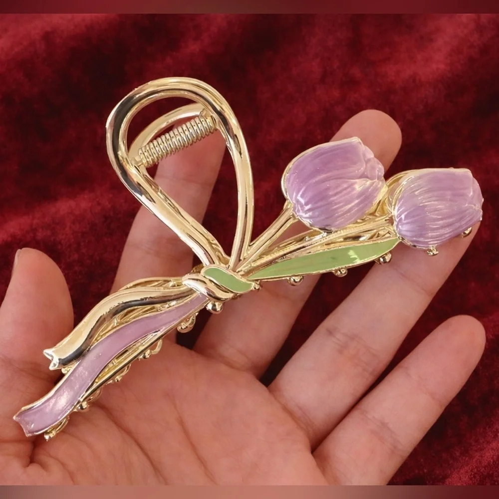 Purple Tulip Bow Metal Hair Clip